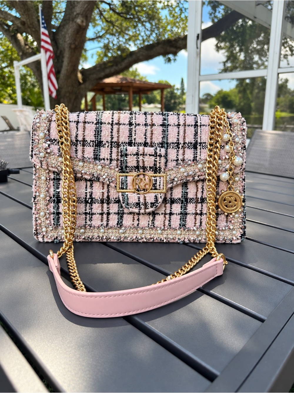 River Island Pink Boucle Panel Shoulder Bag NWT